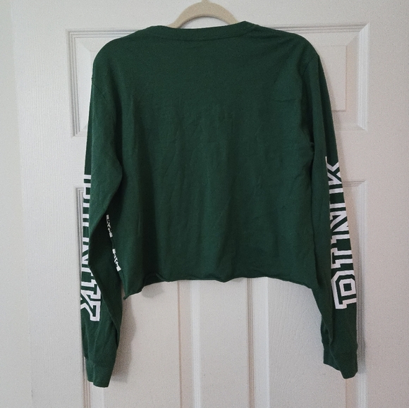 NWOT PINK Victoria's Secret Cropped Raw Hem Striped Logo Longsleeve - Picture 2 of 4